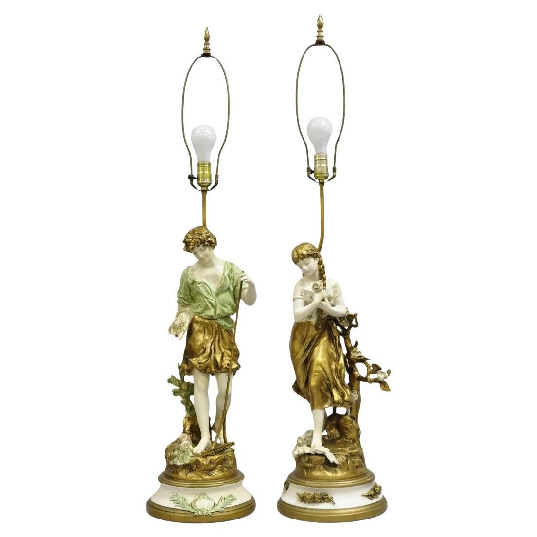Vintage French Renaissance Moreau Metal Boy and Girl Figural Table Lamp - a Pair