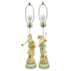Lampada da tavolo figurata ragazzo e ragazza di Moreau in metallo del Rinascimento francese d'epoca - una coppia