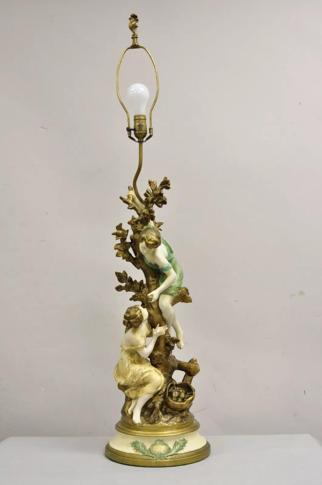 Vintage French Renaissance Moreau Metall Junge und Mädchen große figurale Tischlampe im Angebot 7