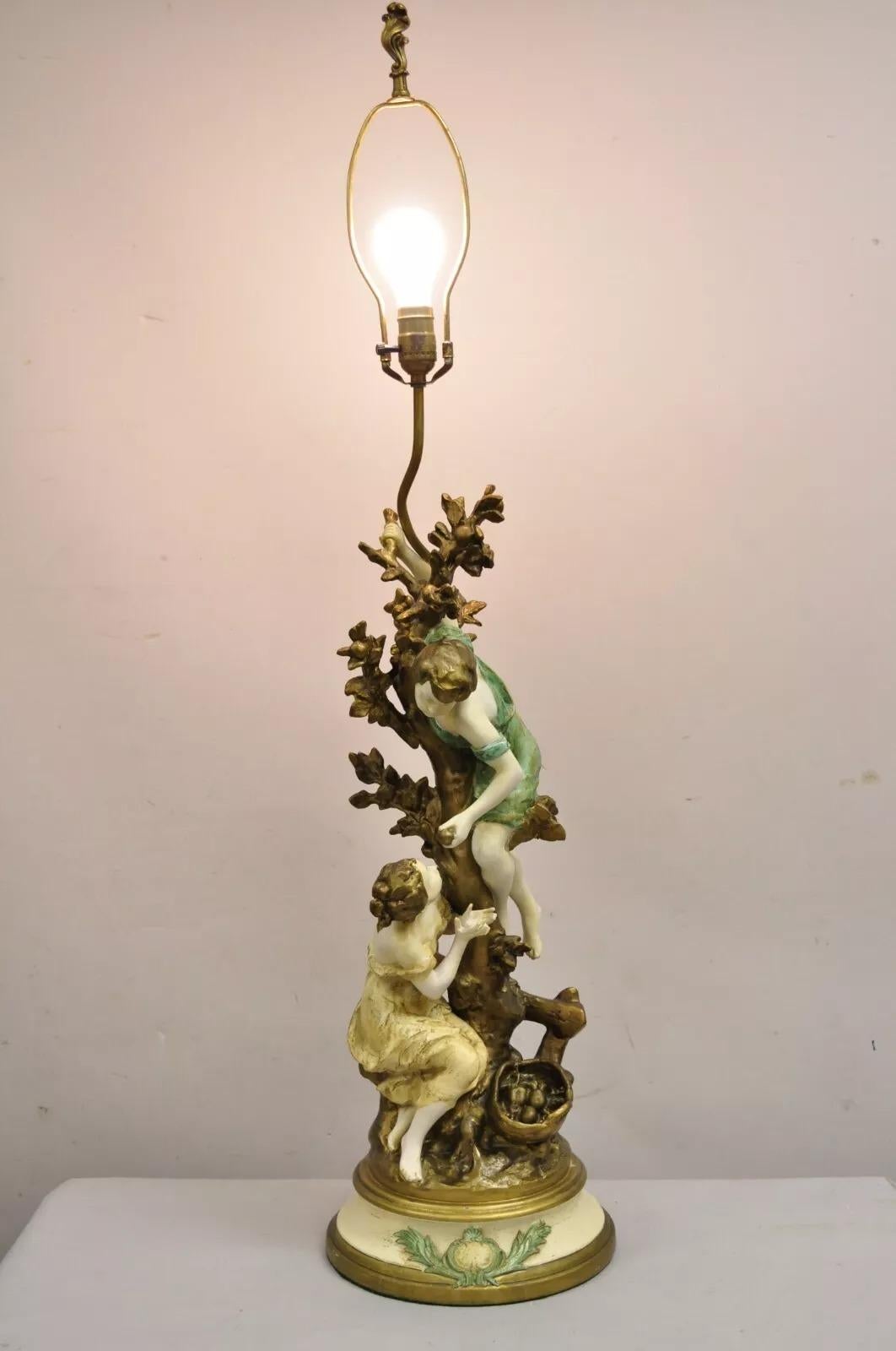 Vintage Französisch Renaissance L.F. Moreau Guss Zinn Metall Junge und Mädchen Figural Tischlampe in Weiß, Gold und Blau. CIRCA Anfang des 20. Jahrhunderts. Abmessungen: 45,5
