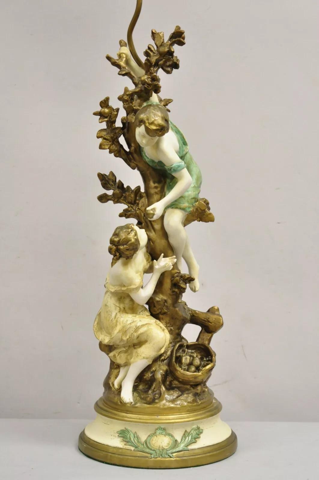 Vintage French Renaissance Moreau Metall Junge und Mädchen große figurale Tischlampe (Unbekannt) im Angebot
