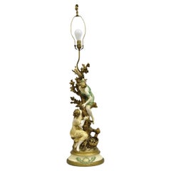 Vintage French Renaissance Moreau Metal Boy and Girl Large Figural Table Lamp