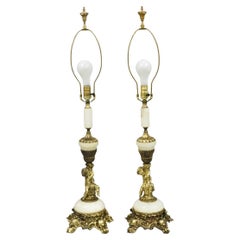 Paire de lampes de table en albâtre et laiton avec chérubin, Vintage French Rococo Renaissance - une paire