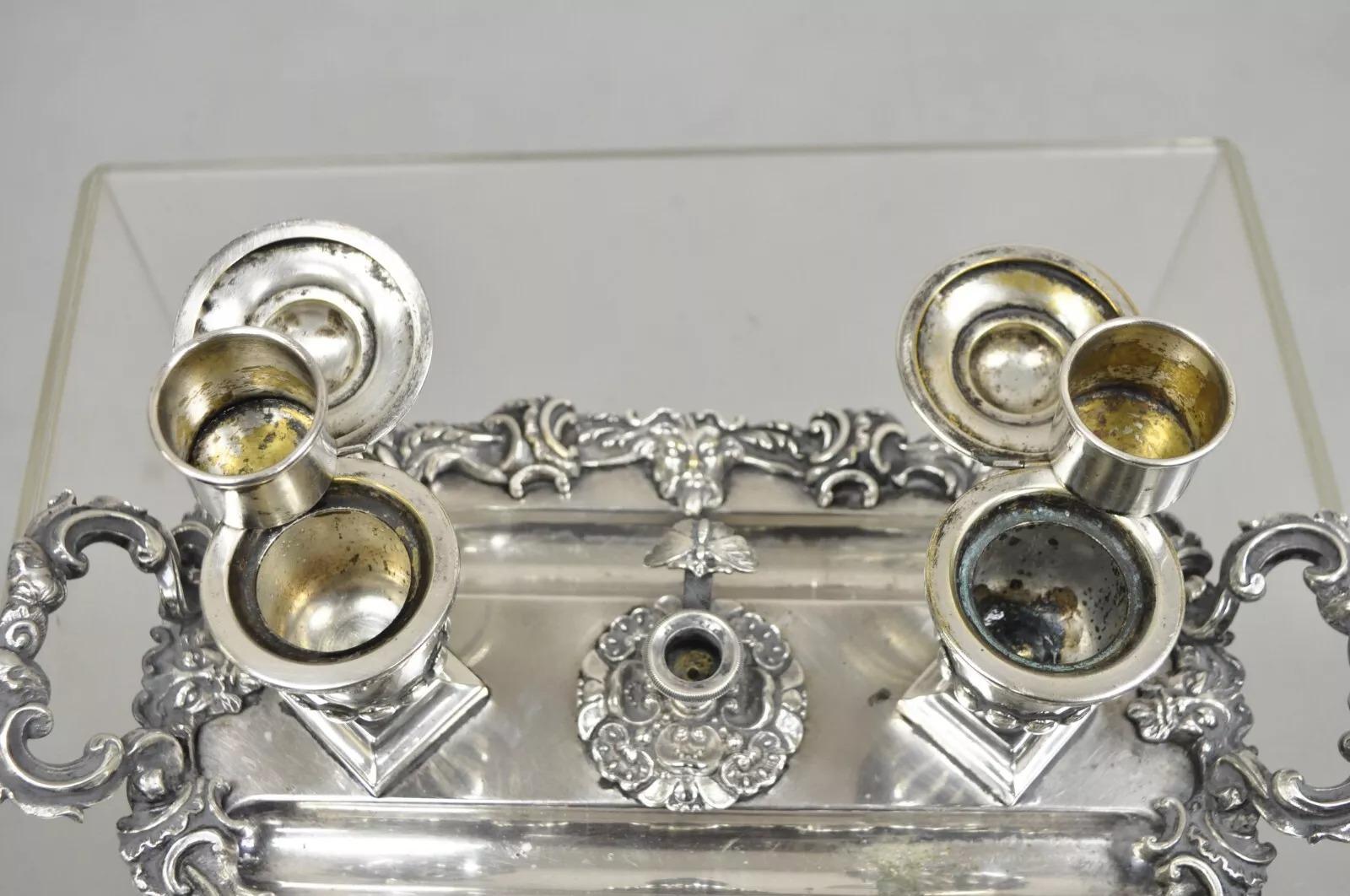 Vintage French Renaissance Silver Plated Figural Italian Inkstand Desk Inkwell en vente 4