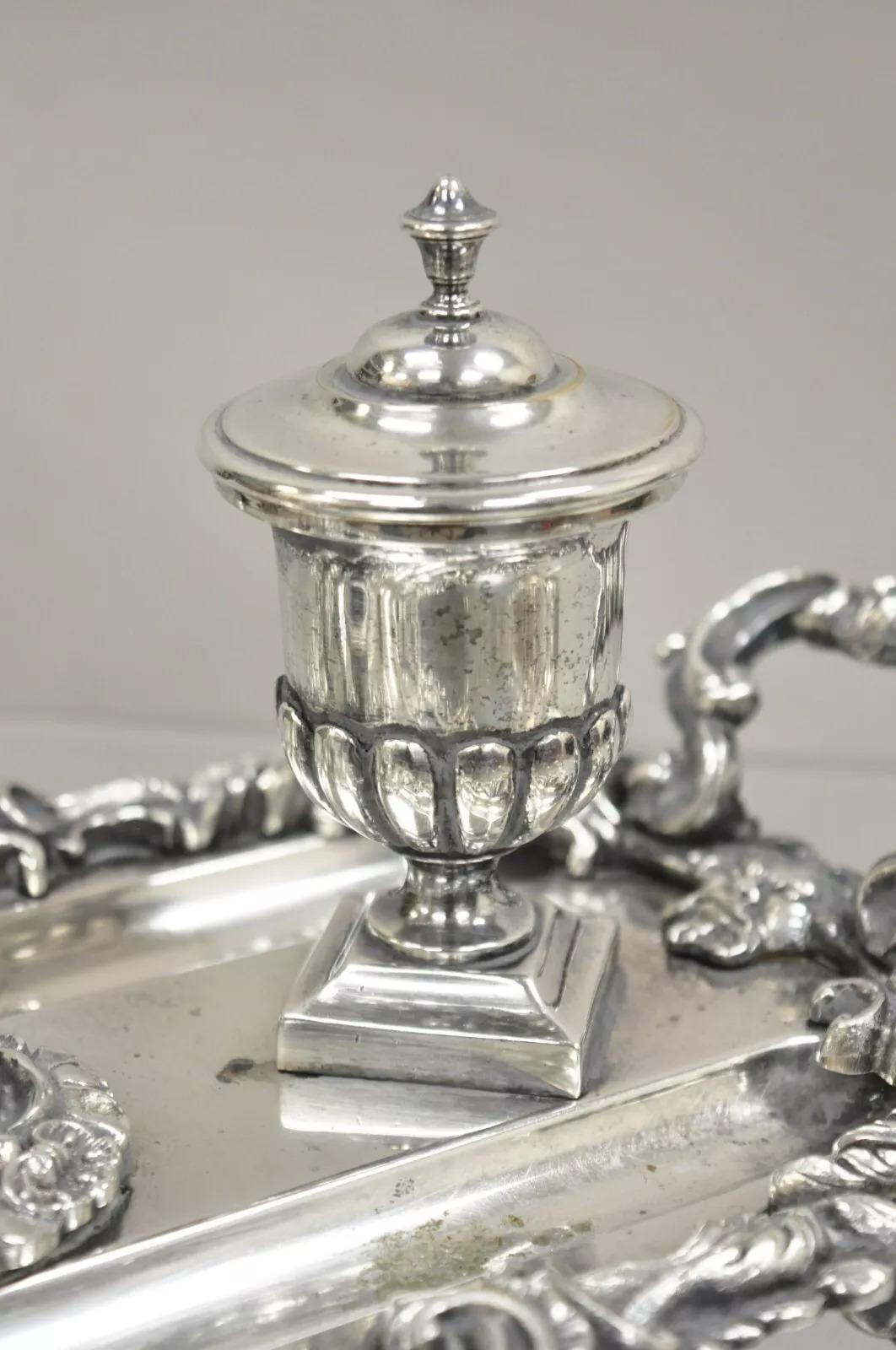 Vintage French Renaissance Silver Plated Figural Italian Inkstand Desk Inkwell en vente 5