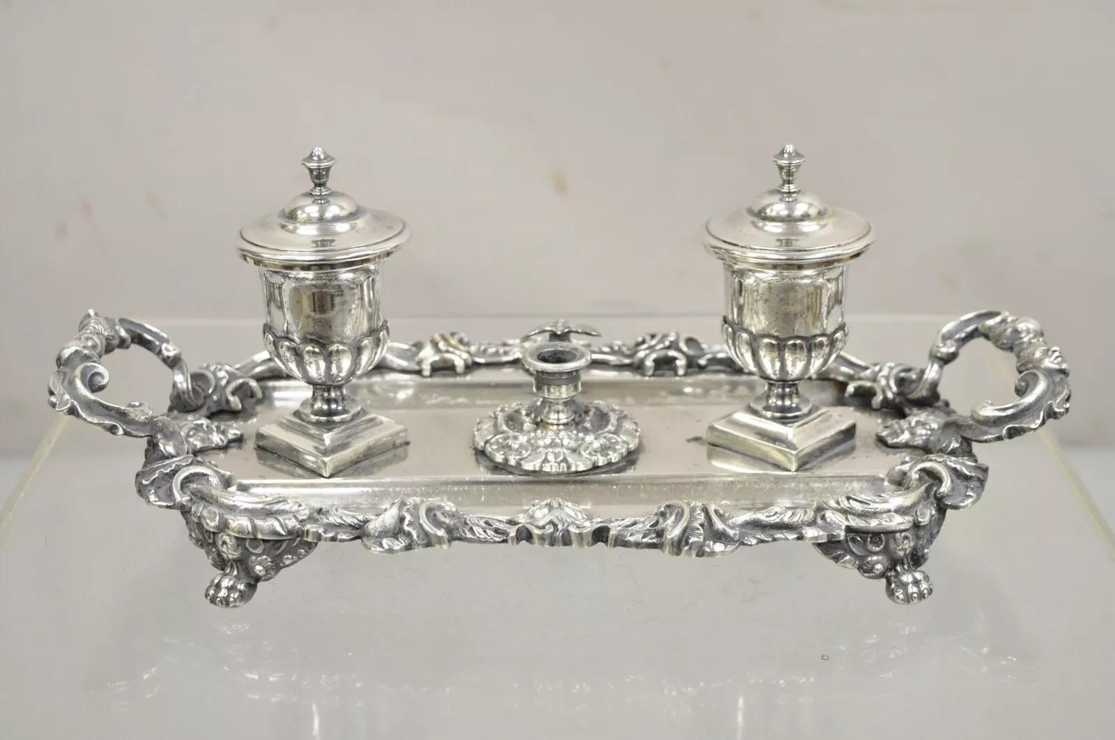 Vintage French Renaissance Silver Plated Figural Italian Inkstand Desk Inkwell en vente 6