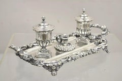 Vintage French Renaissance Silver Plated Figural Italian Inkstand Desk Inkwell