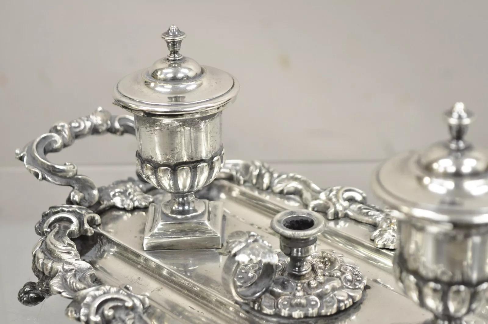 Inconnu Vintage French Renaissance Silver Plated Figural Italian Inkstand Desk Inkwell en vente