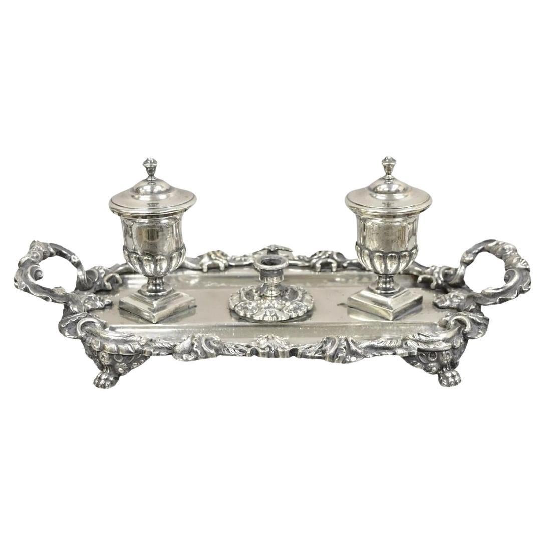 Vintage French Renaissance Silver Plated Figural Italian Inkstand Desk Inkwell