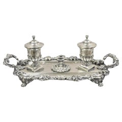 Vintage French Renaissance Silver Plated Figural Italian Inkstand Desk Inkwell