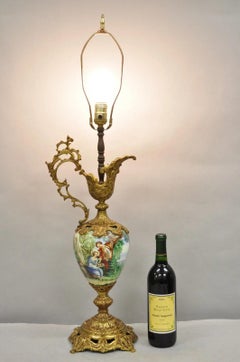 Vintage French Renaissance Style Painted Porcelain Urn Brass Ewer Table Lamp