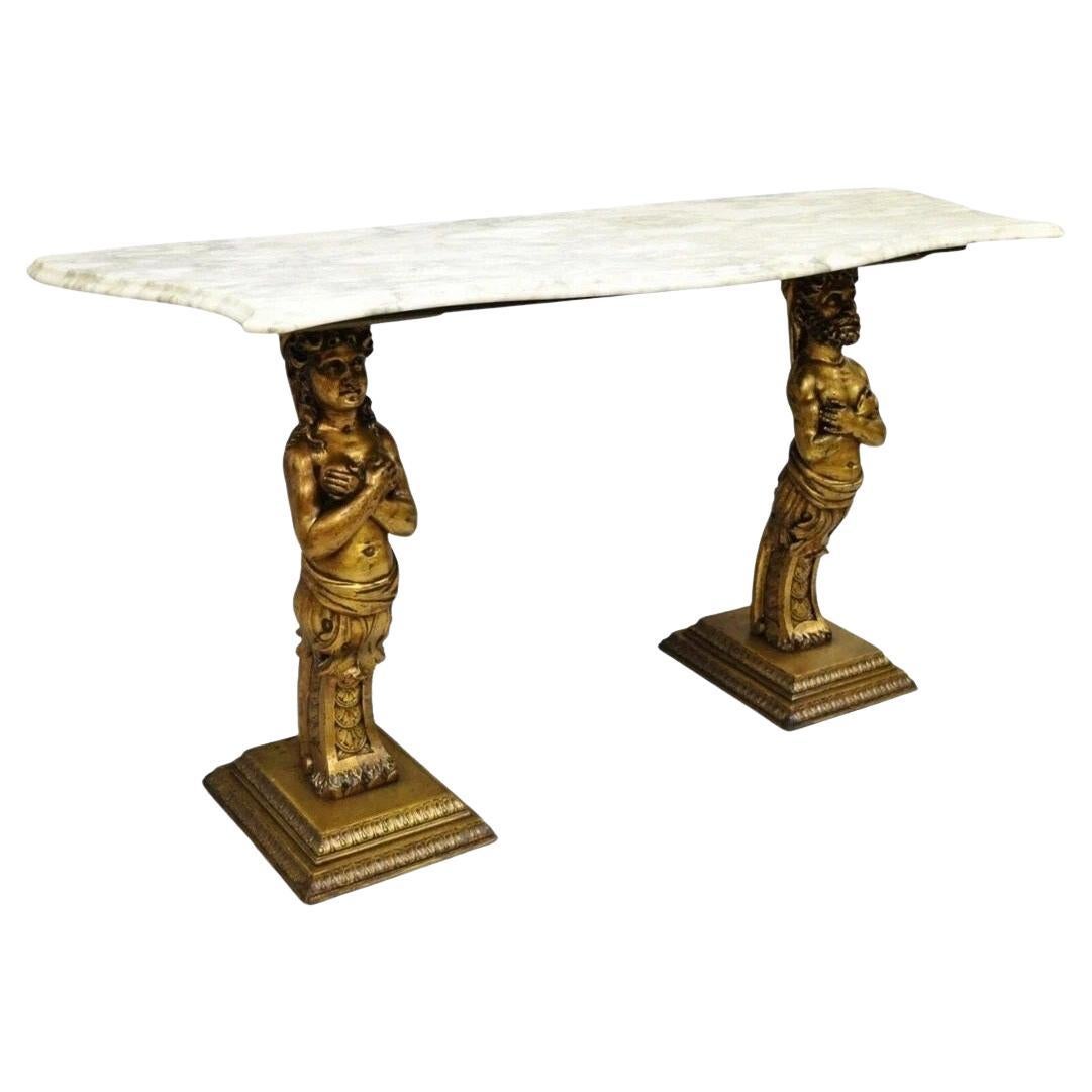 Vintage French Renaissance Victorian Style Gold Figural Marble Top Console Table For Sale