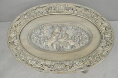 Vintage French Renaissance Walnut Gray Distress Painted Cherub Coffee Table