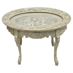 Vintage French Renaissance Walnut Gray Distress Painted Cherub Coffee Table