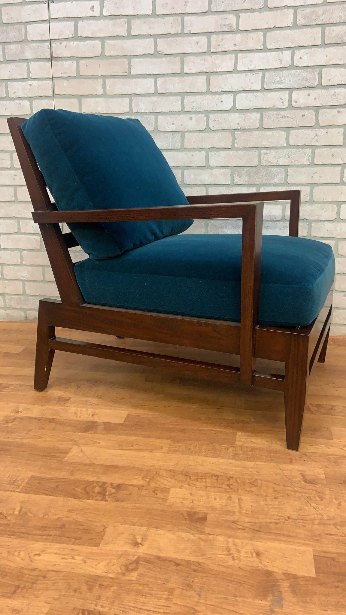 Mid-Century Modern Vintage French René Gabriel Cherry Wood Slat Back Lounge Chair in Teal Mohair For Sale