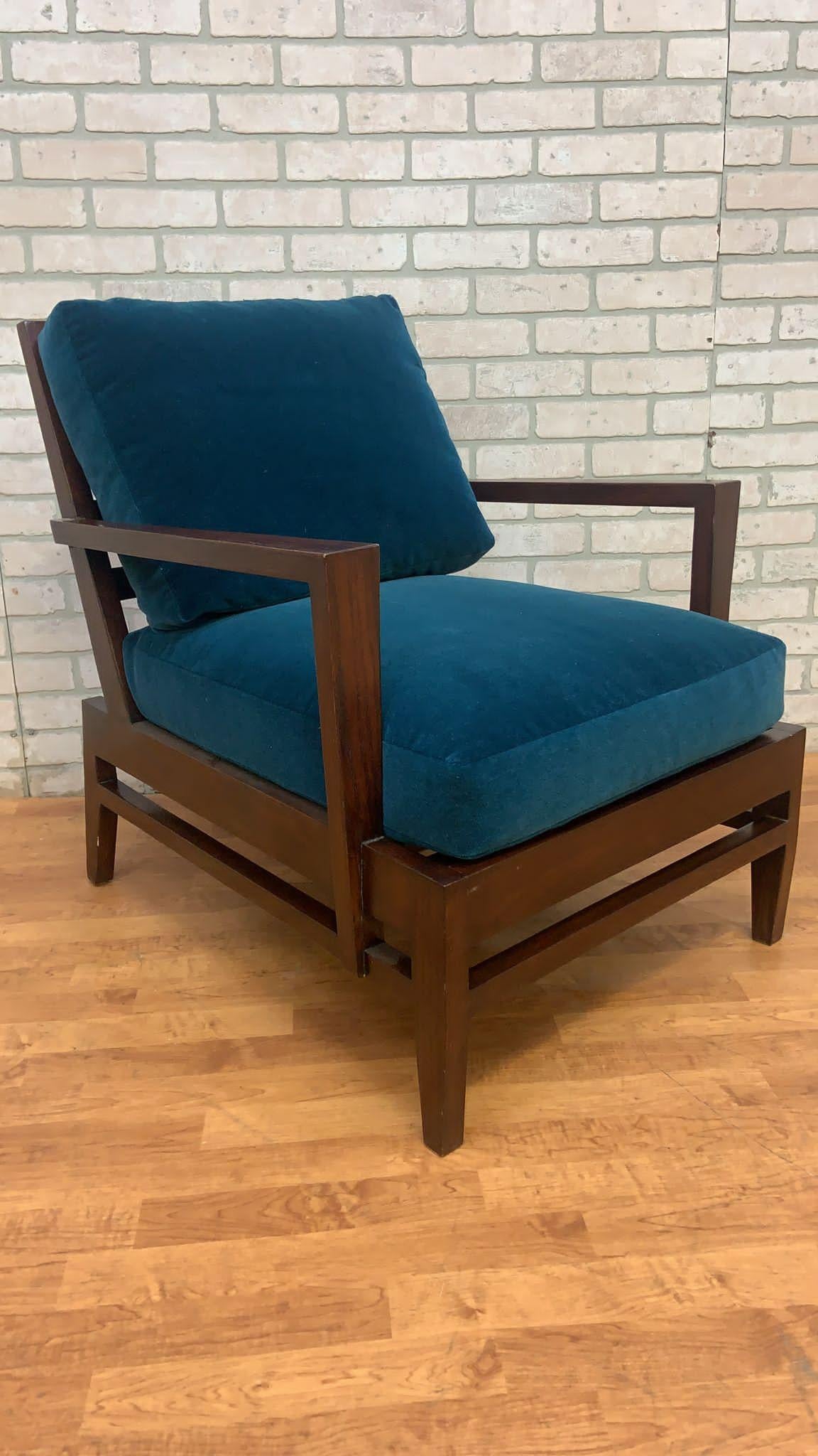 Hand-Crafted Vintage French René Gabriel Cherry Wood Slat Back Lounge Chair in Teal Mohair For Sale
