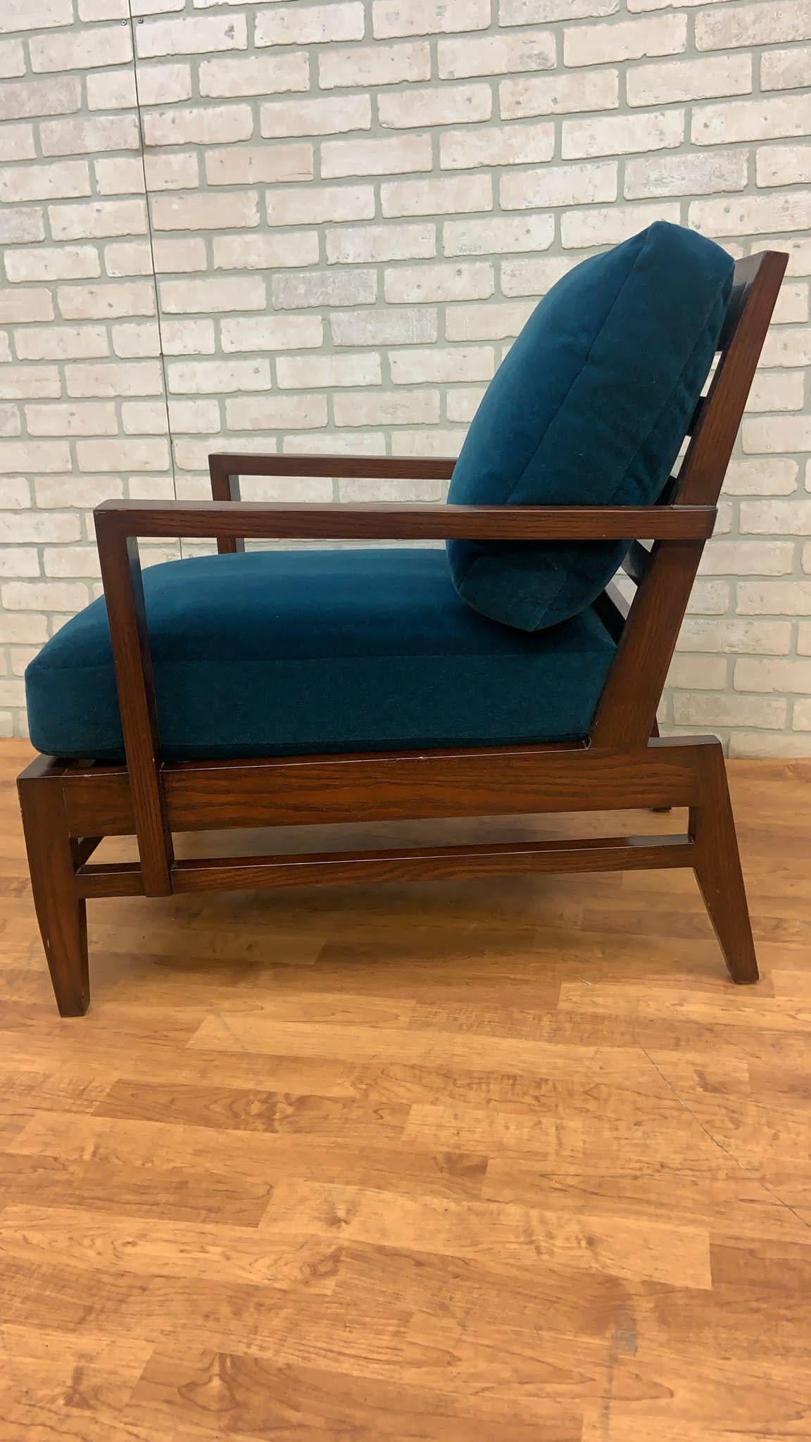 Vintage French René Gabriel Cherry Wood Slat Back Lounge Chair in Teal Mohair In Good Condition For Sale In Chicago, IL