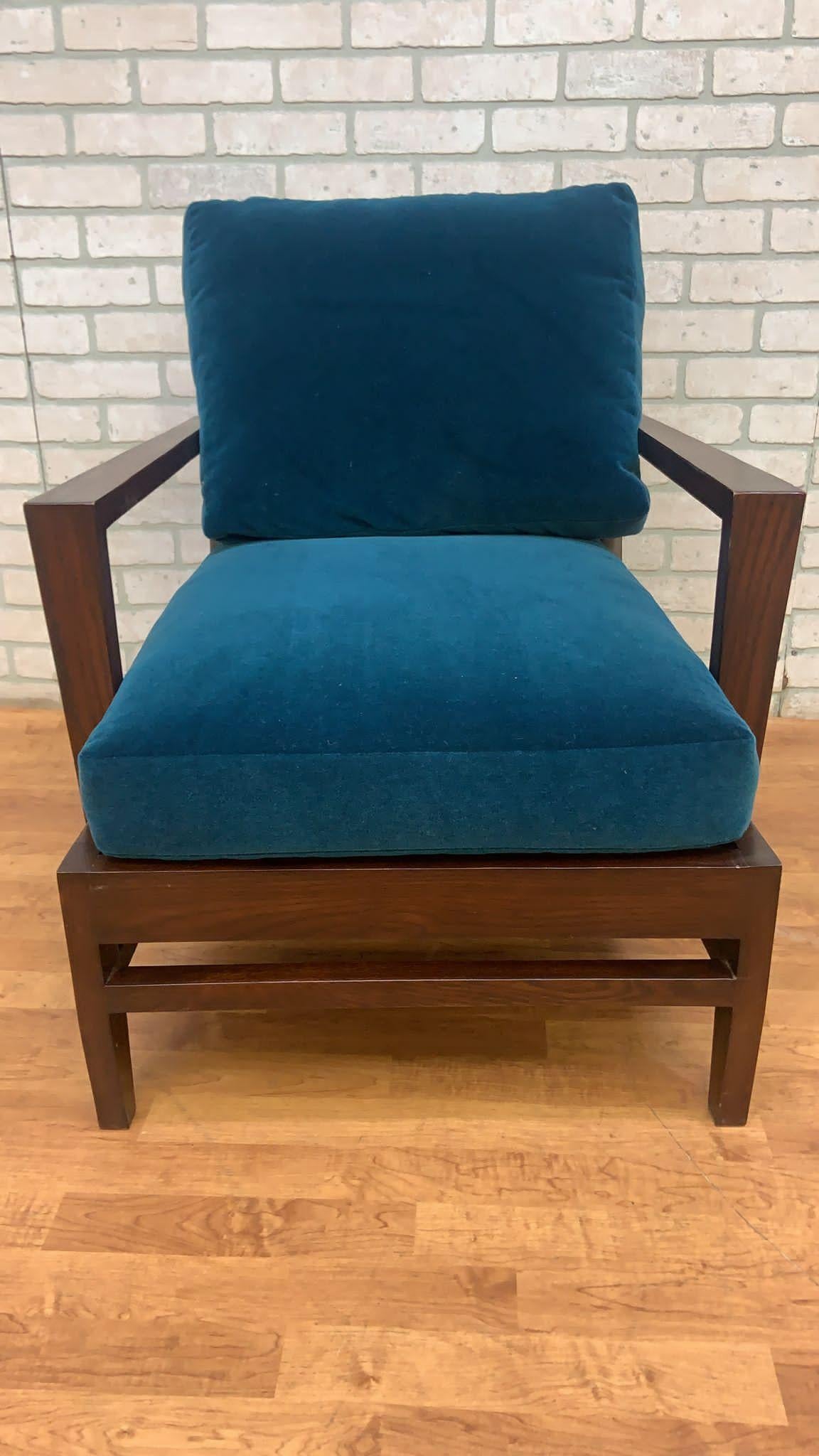 Vintage French René Gabriel Cherry Wood Slat Back Lounge Chair in Teal Mohair For Sale 1