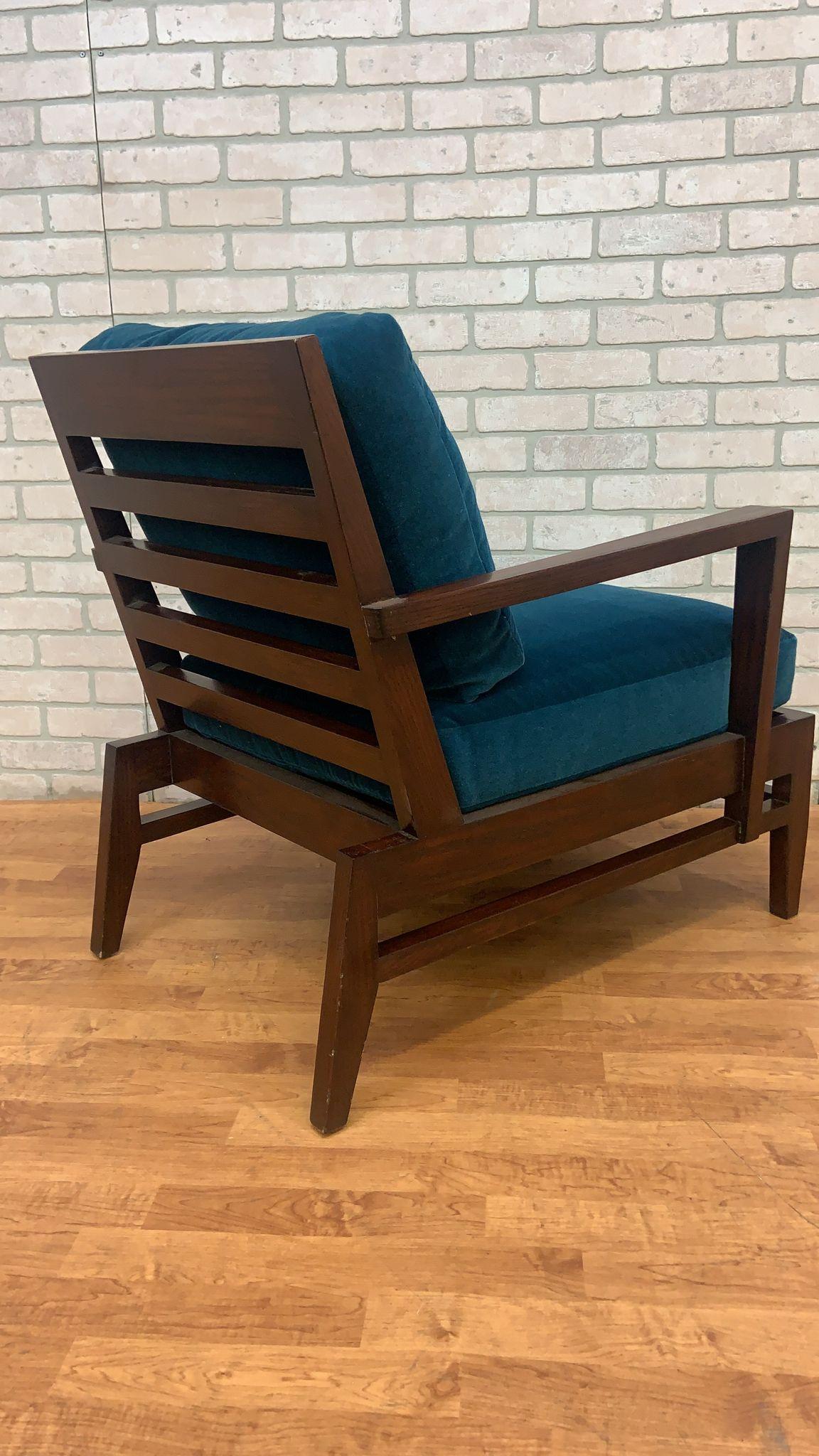 Vintage French René Gabriel Cherry Wood Slat Back Lounge Chair in Teal Mohair For Sale 2