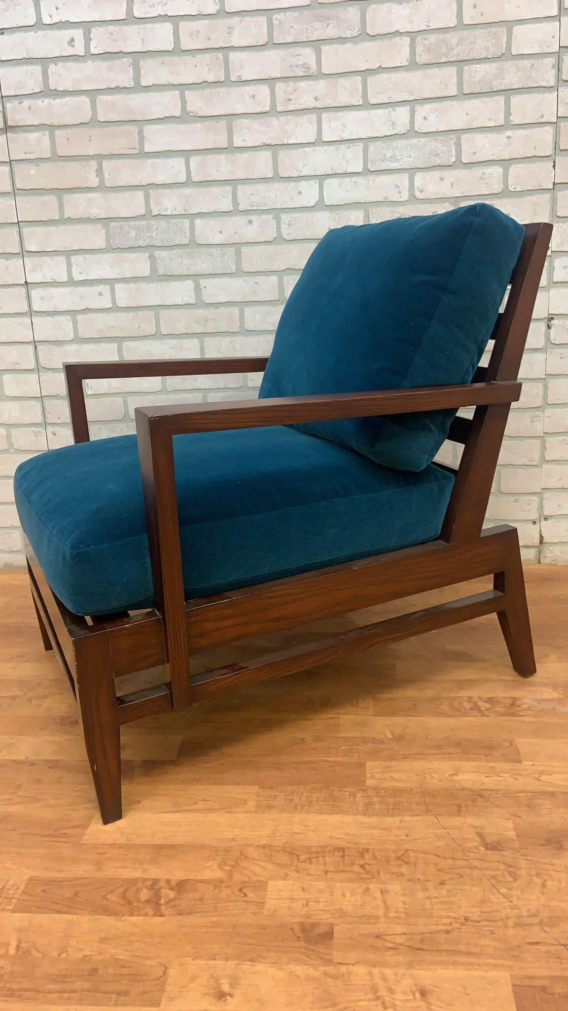 Vintage French René Gabriel Cherry Wood Slat Back Lounge Chair in Teal Mohair For Sale 3