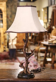 Vintage French Resin Black Forest Tree Form Table Lamp with Birds and Nest