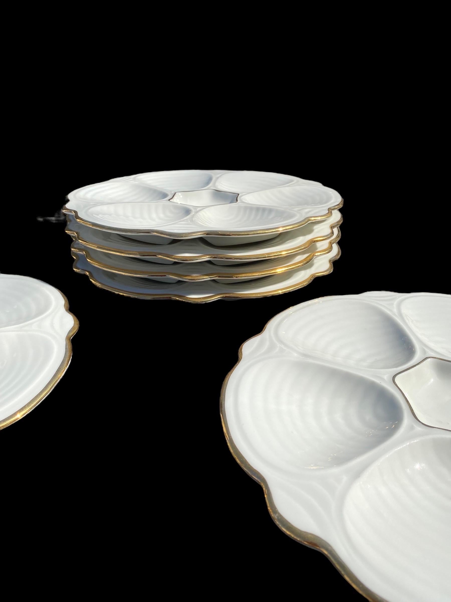Mid-20th Century Vintage French Restaurant White w/ Gold Porcelain Oyster Plates 
