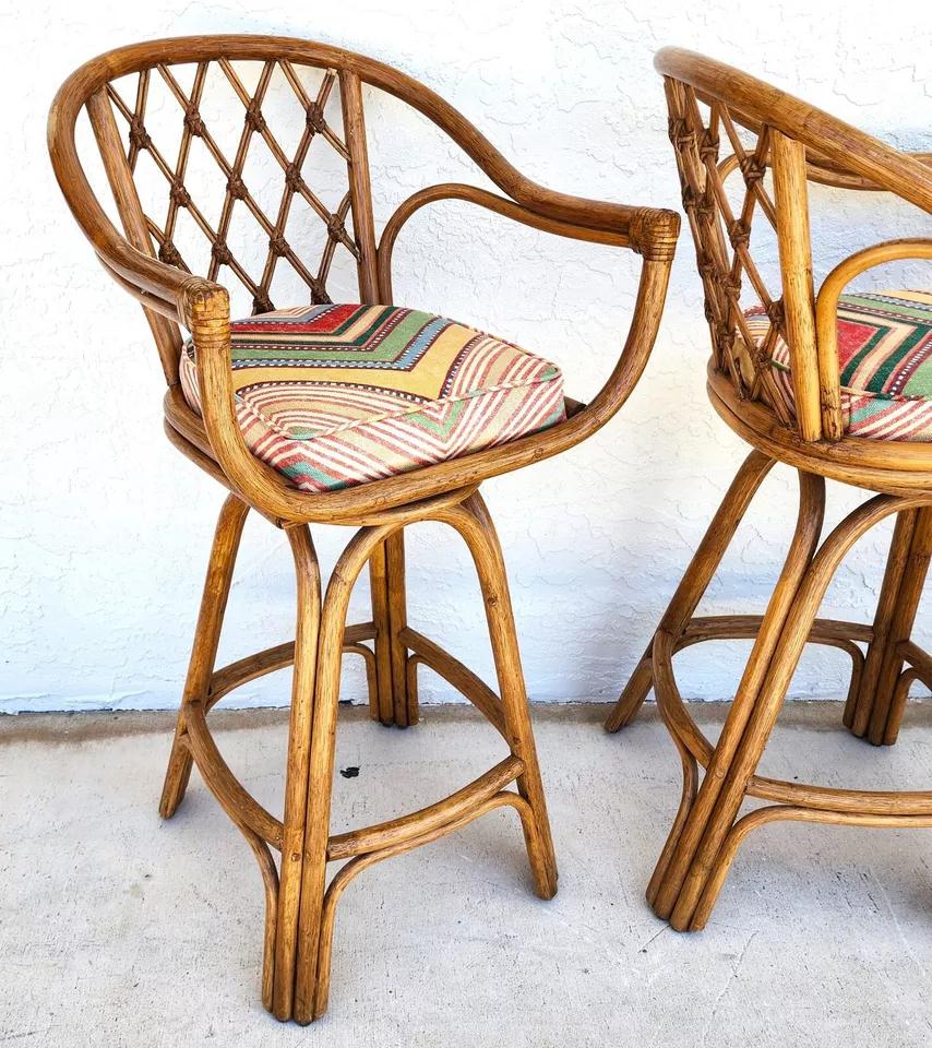 Vintage French Retro Barstools Bamboo Swivel In Good Condition In Lake Worth, FL
