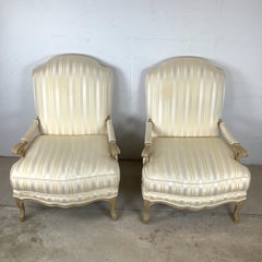 Vintage French Revival Bergère Chairs with Striped Upholstery, Pair