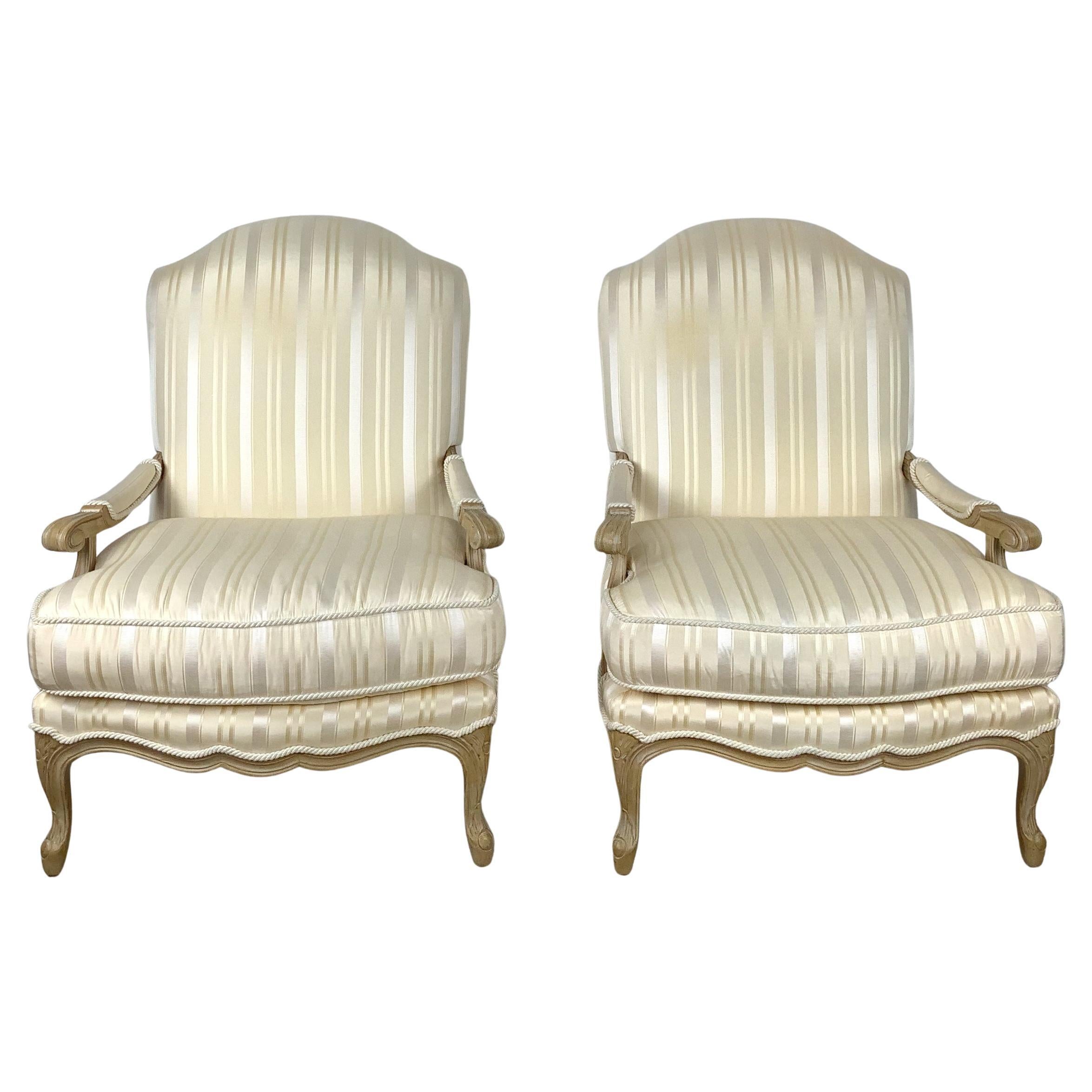 Vintage French Revival Bergère Chairs with Striped Upholstery, Pair