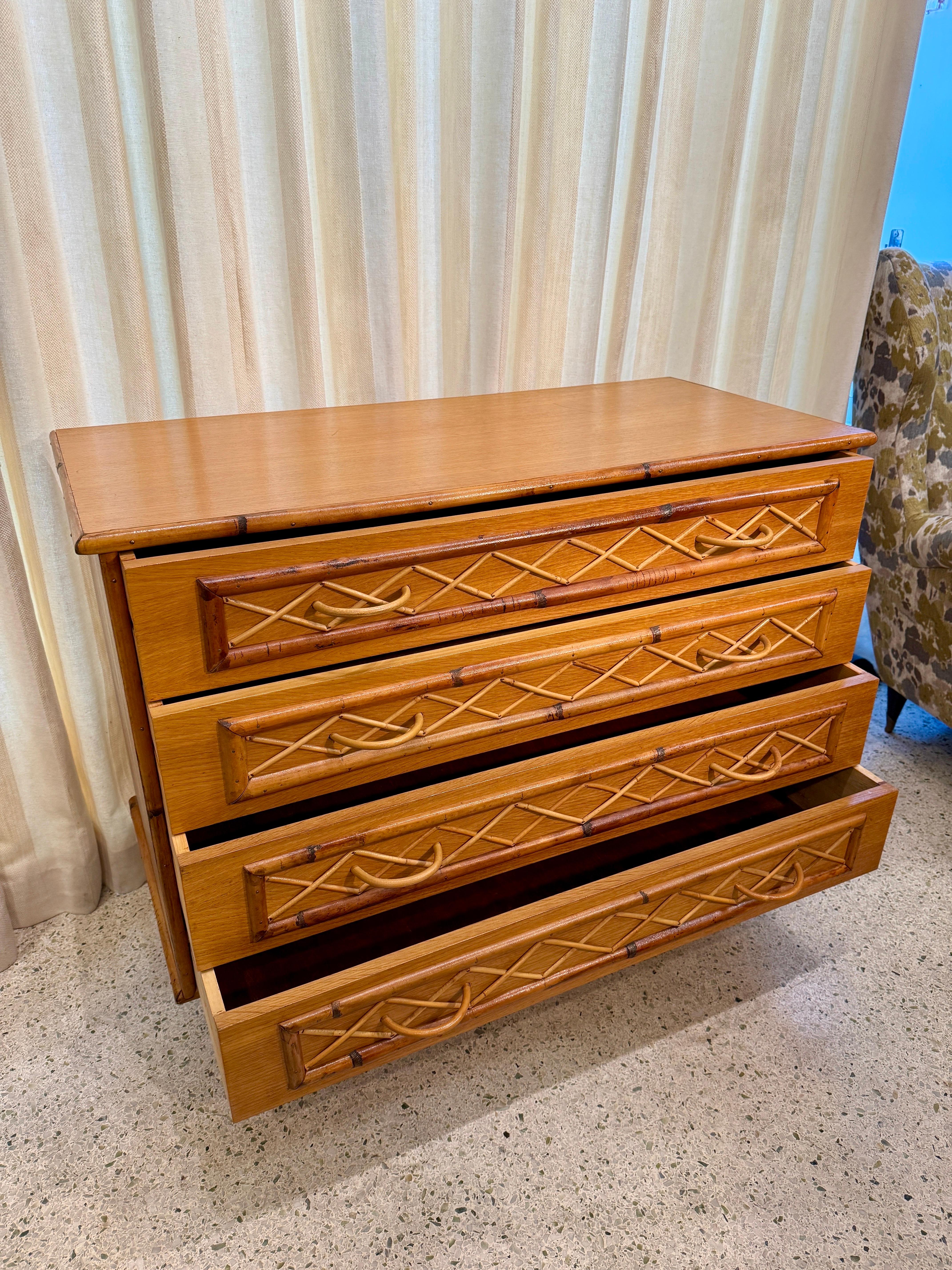 Mid-20th Century Vintage French Riviera 1960's Bamboo and Rattan Chest of Drawers