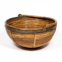 Vintage French Riviera Pencil Reed Brass Basket with Handle, Italy 1970