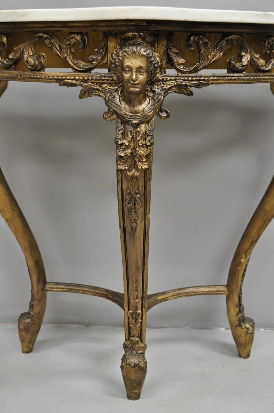 Vintage French Rococo Baroque Gold Gilt Gesso Marble Top Figural Console Table For Sale 5