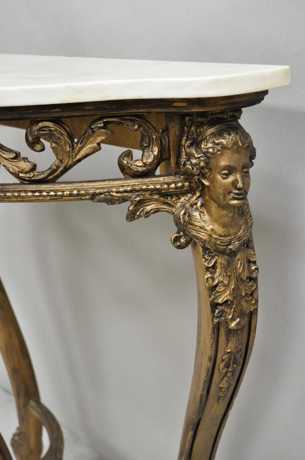 Vintage French Rococo Baroque Gold Gilt Gesso Marble Top Figural Console Table For Sale 6