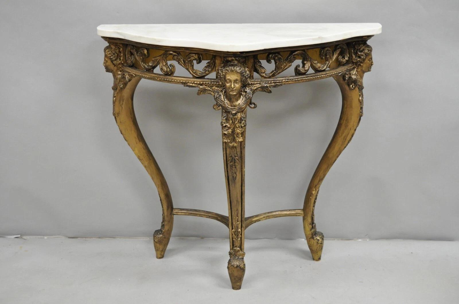 Vintage French Rococo Baroque Gold Gilt Gesso Marble Top Figural Console Table For Sale 7