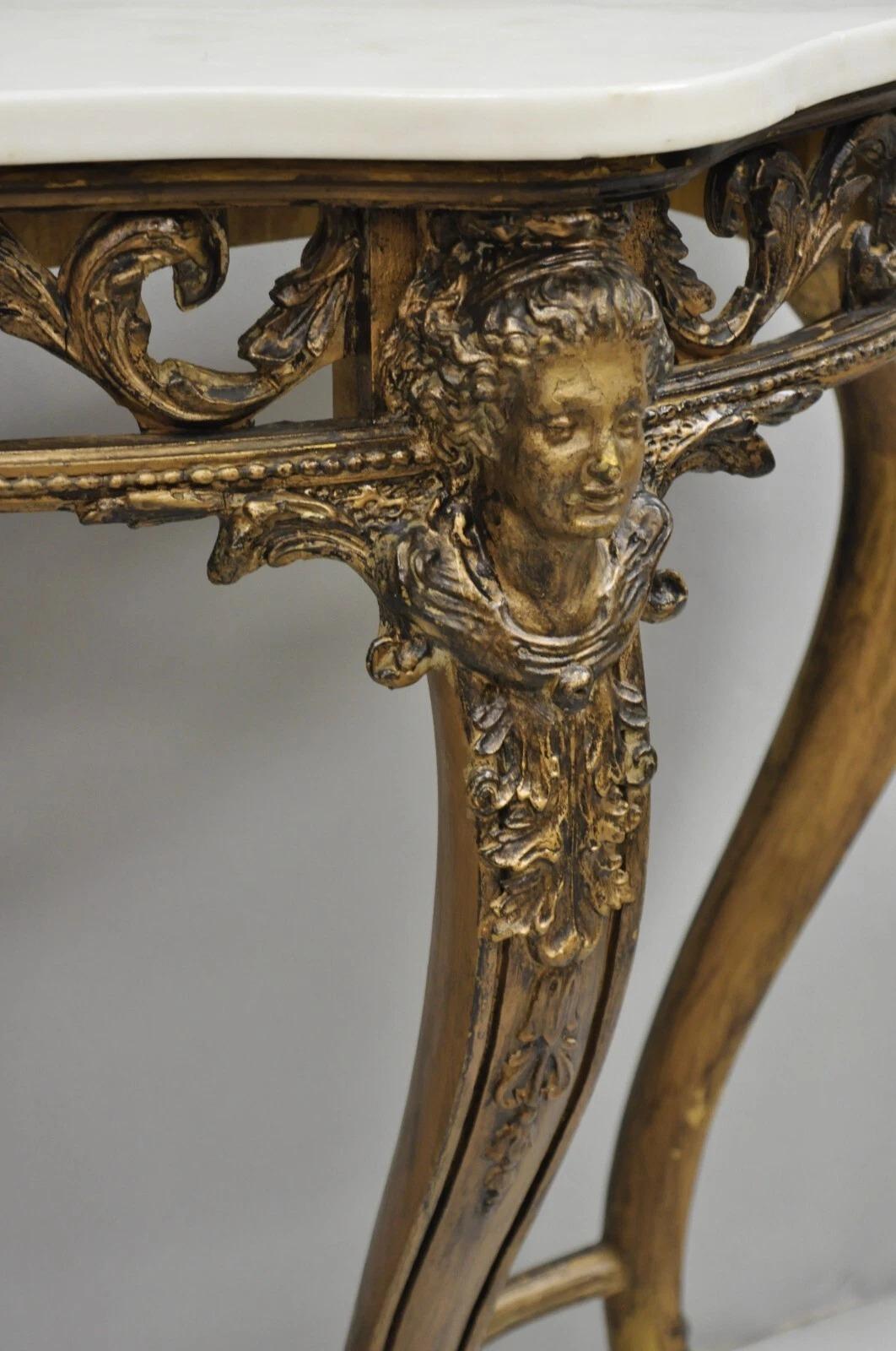 Unknown Vintage French Rococo Baroque Gold Gilt Gesso Marble Top Figural Console Table For Sale