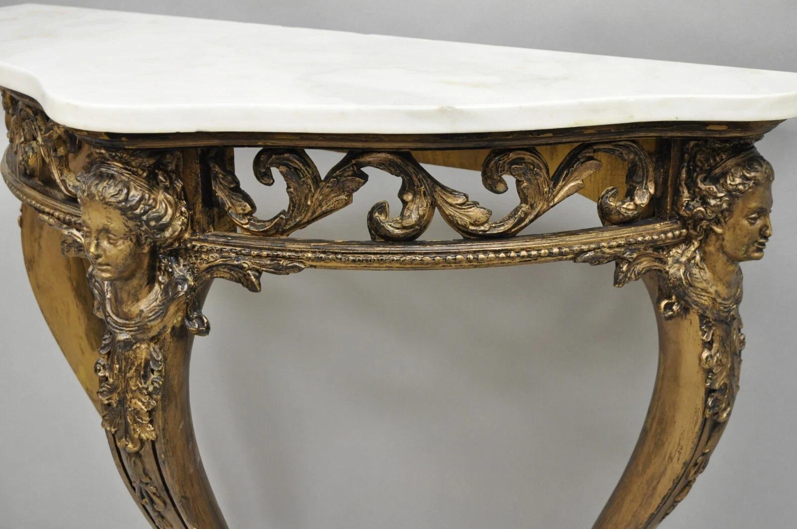 Vintage French Rococo Baroque Gold Gilt Gesso Marble Top Figural Console Table In Good Condition For Sale In Philadelphia, PA
