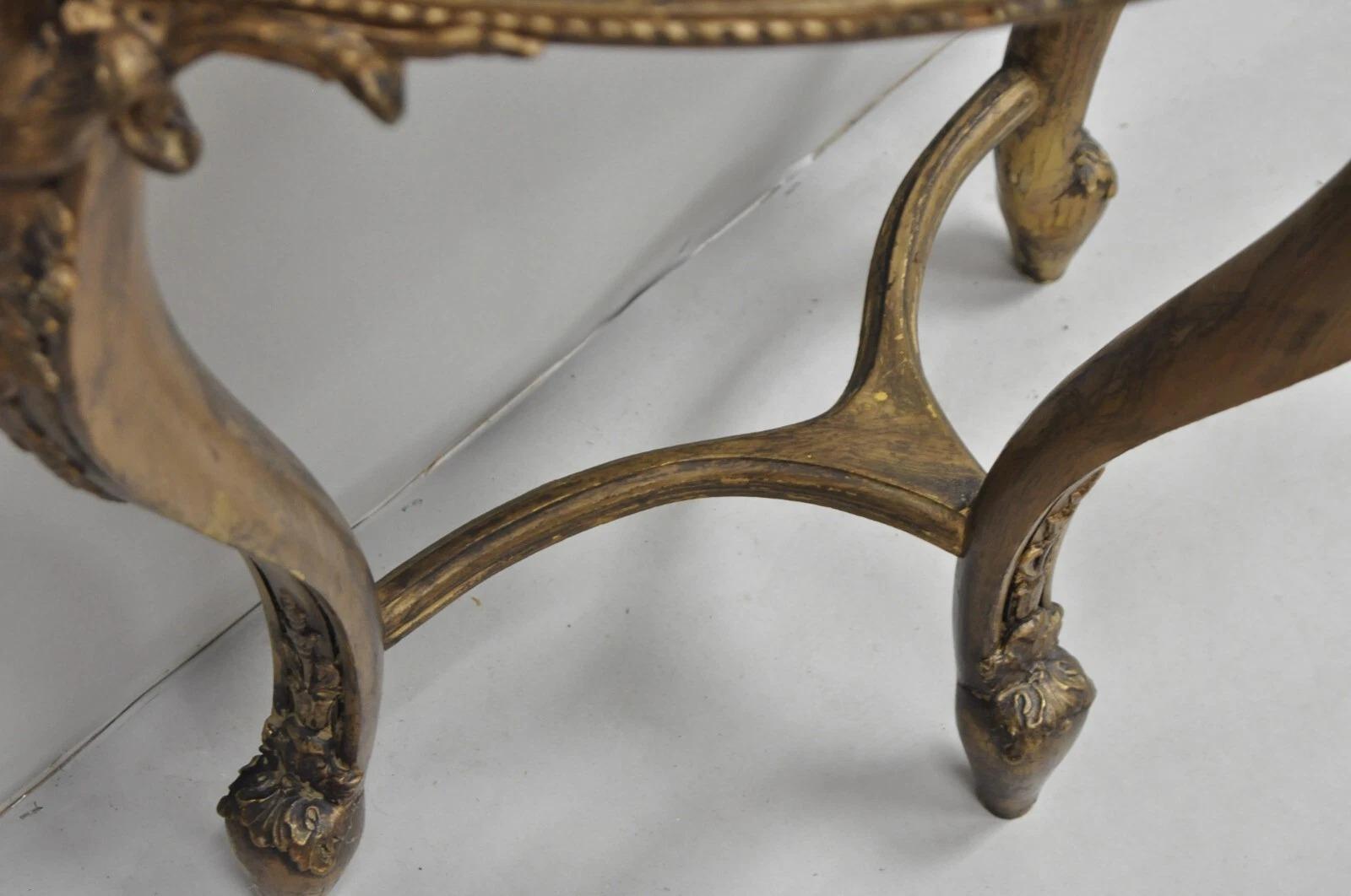 20th Century Vintage French Rococo Baroque Gold Gilt Gesso Marble Top Figural Console Table For Sale