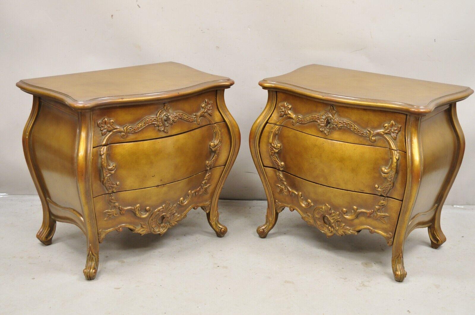 Vintage French Rococo Baroque Style Gold Gilt Bombe Nightstands - a Pair For Sale 7