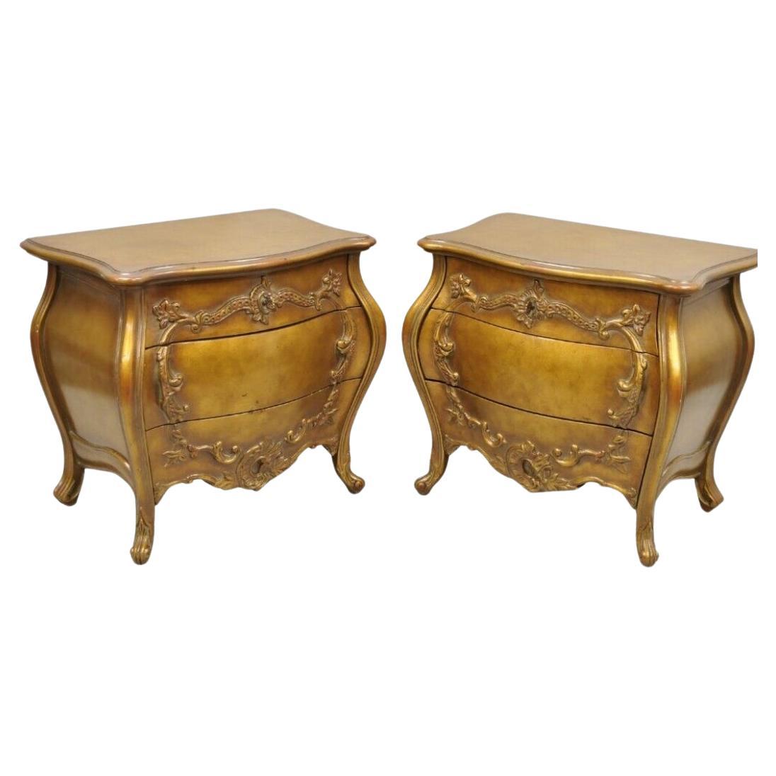 Vintage French Rococo Baroque Style Gold Gilt Bombe Nightstands - a Pair