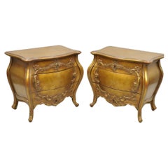 Vintage French Rococo Baroque Style Gold Gilt Bombe Nightstands - a Pair