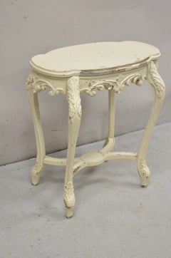 Vintage French Rococo Baroque Style White Distress Painted Oval Side Table