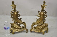 Vintage French Rococo Bronze Acanthus Leafy Scroll Fireplace Andirons - a Pair