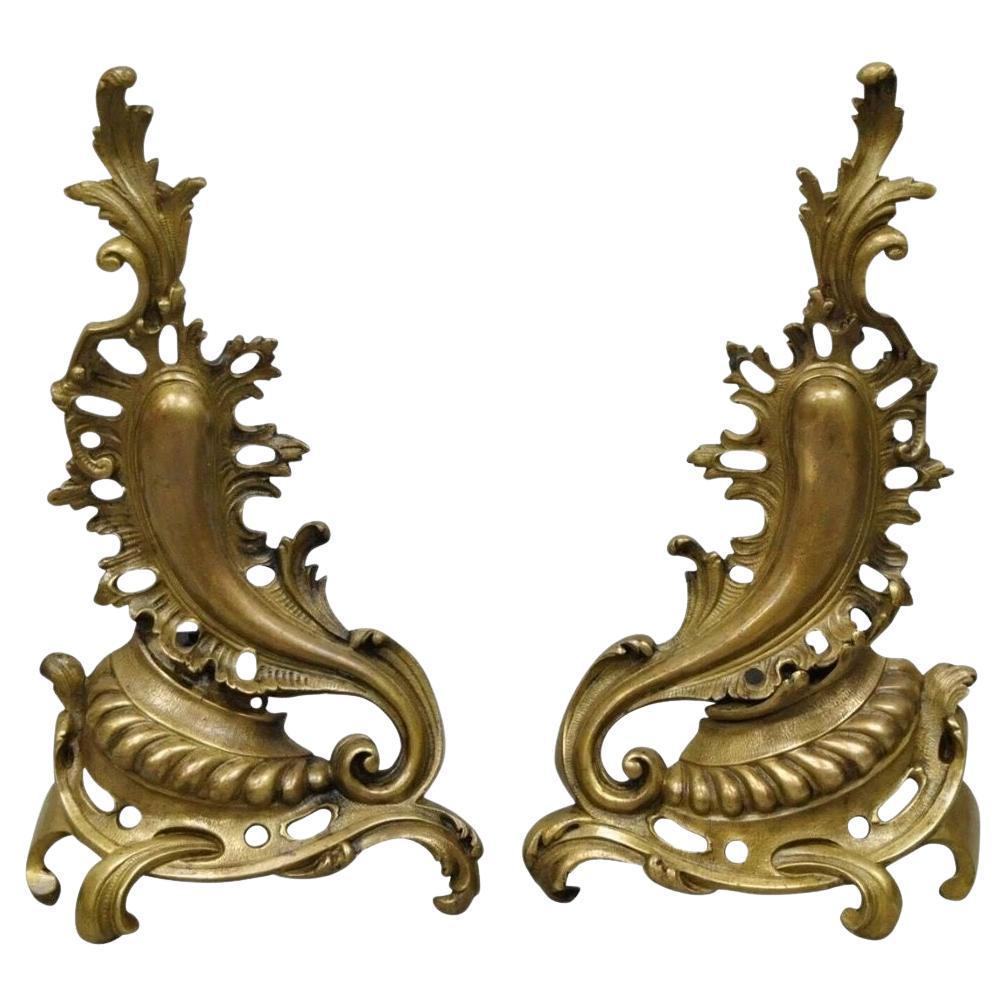 Vintage French Rococo Bronze Acanthus Leafy Scroll Fireplace Andirons - a Pair For Sale