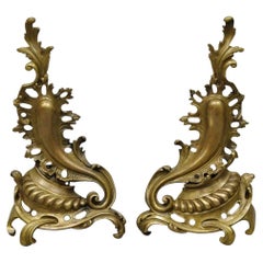 Vintage French Rococo Bronze Acanthus Leafy Scroll Fireplace Andirons - a Pair