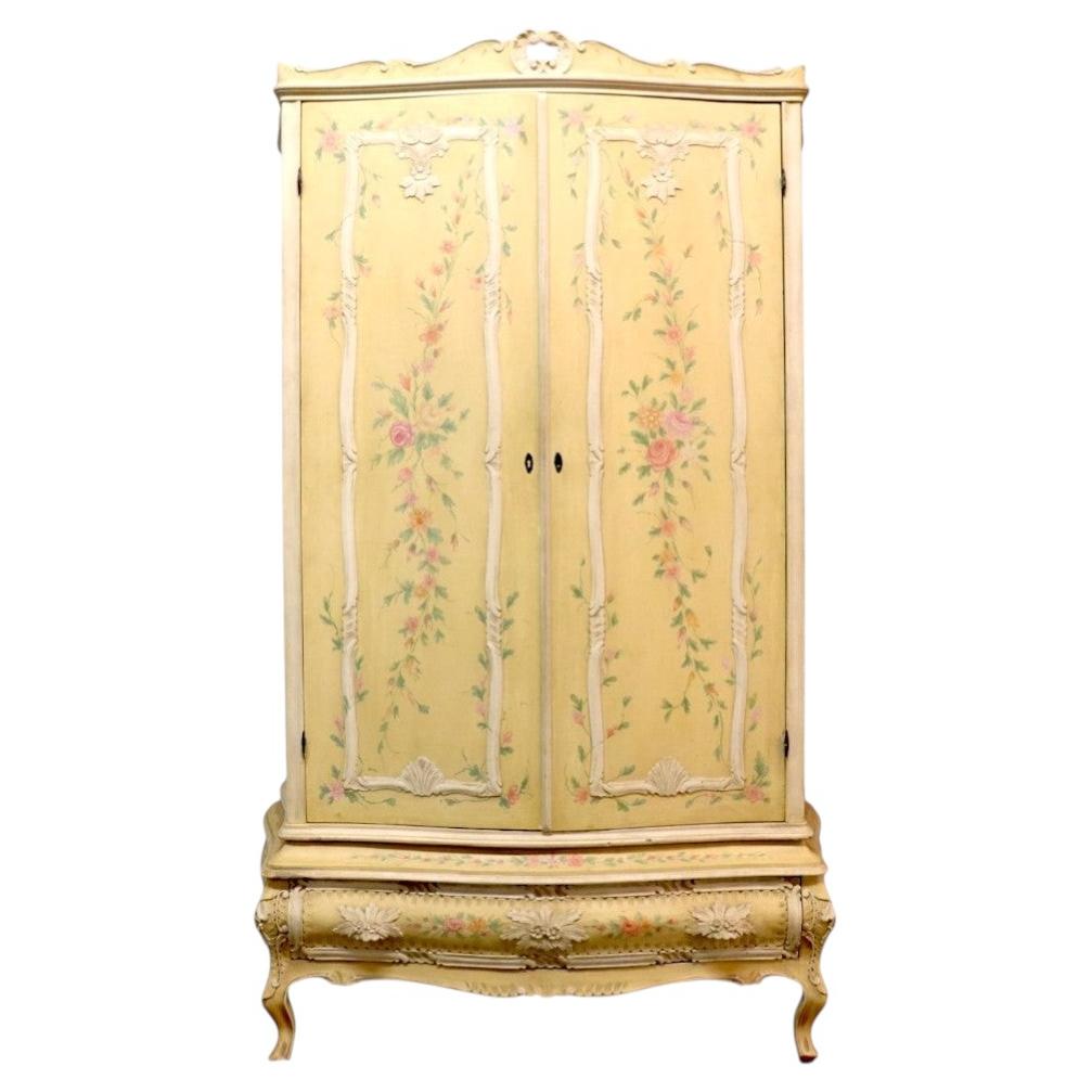 Vintage French Rococo Floral Carved & Custom Painted 2-Door Armoire c1940