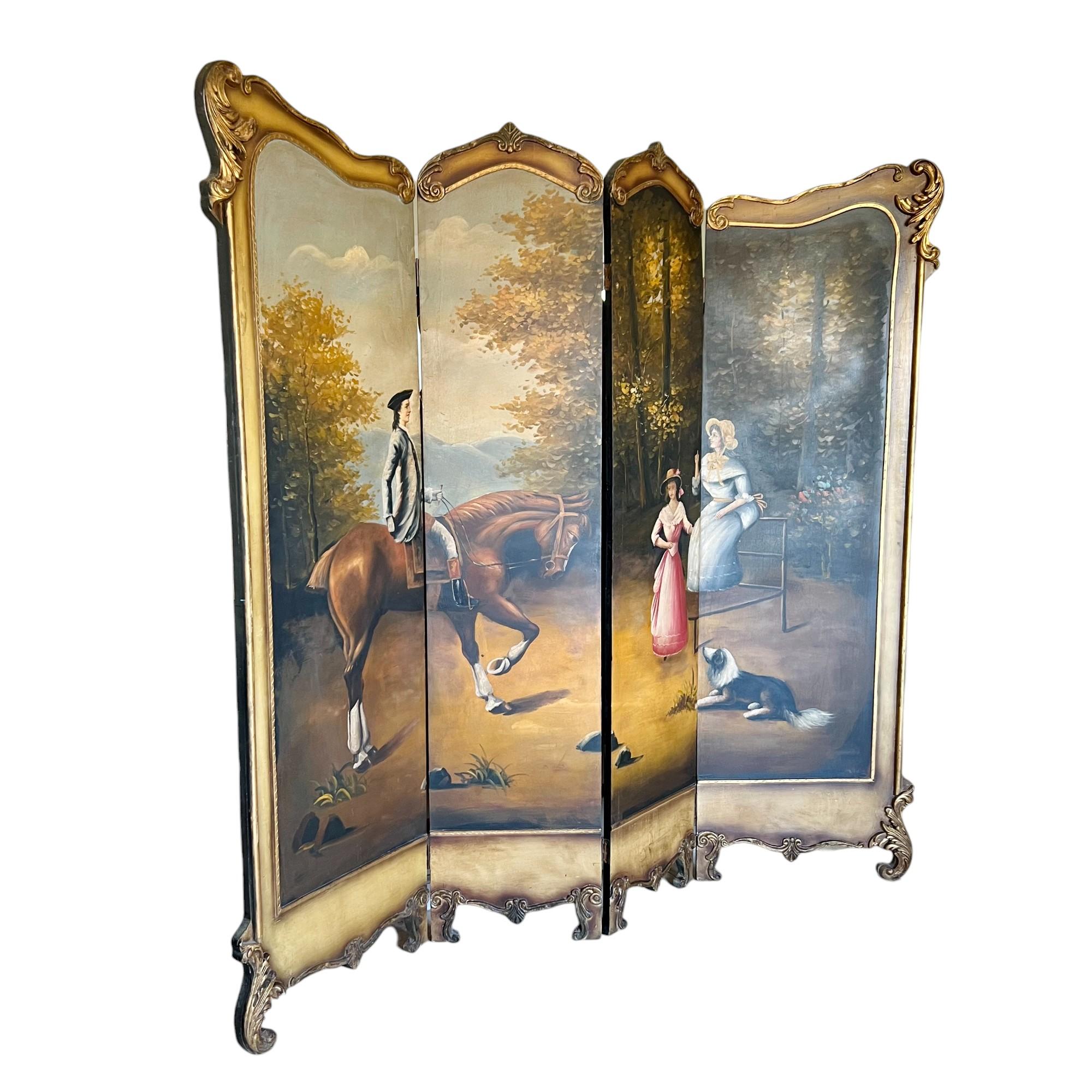 A lovely antique four panel hand painted French rococo dressing screen depicting a mounted rider approaching a seated woman, young lady and a shepherd dog in a woodland country setting. It features ornately carved details, gilded inner and out