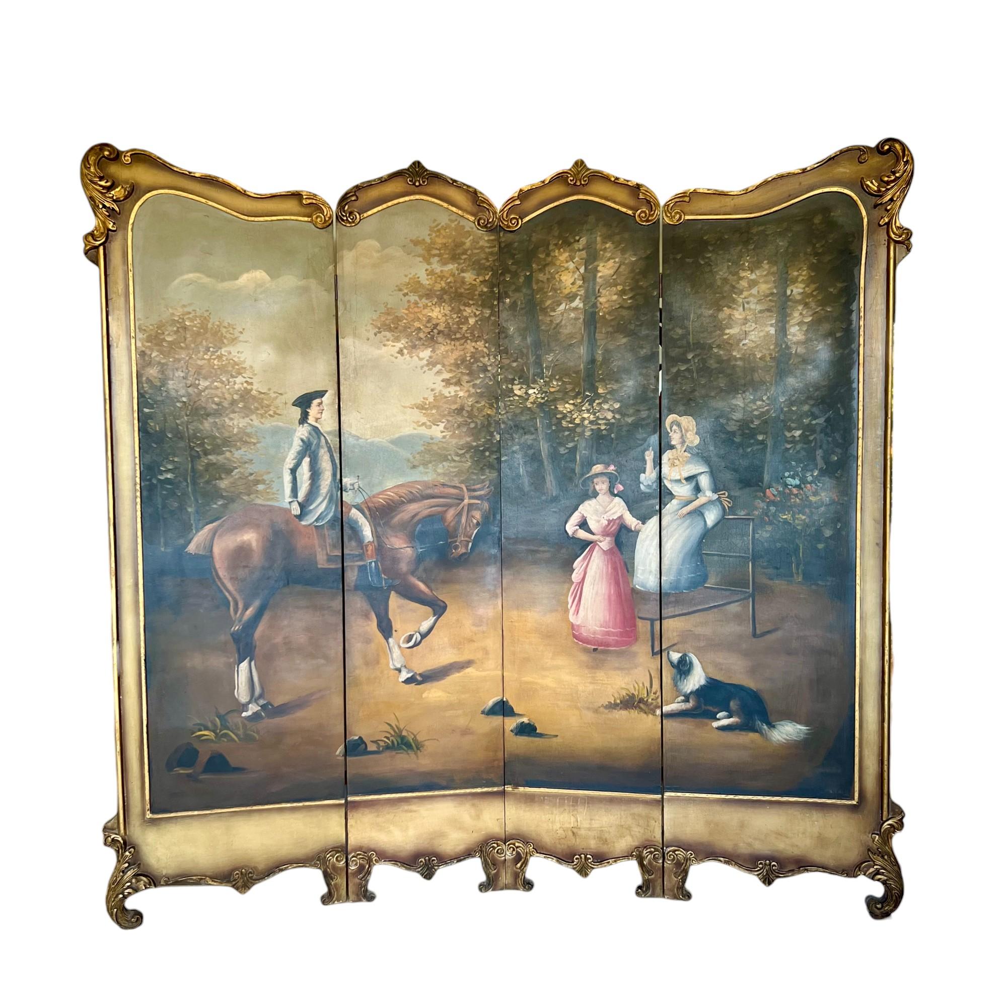 Carved Vintage French Rococo Hand Painted Four-Panel Dressing Screen For Sale