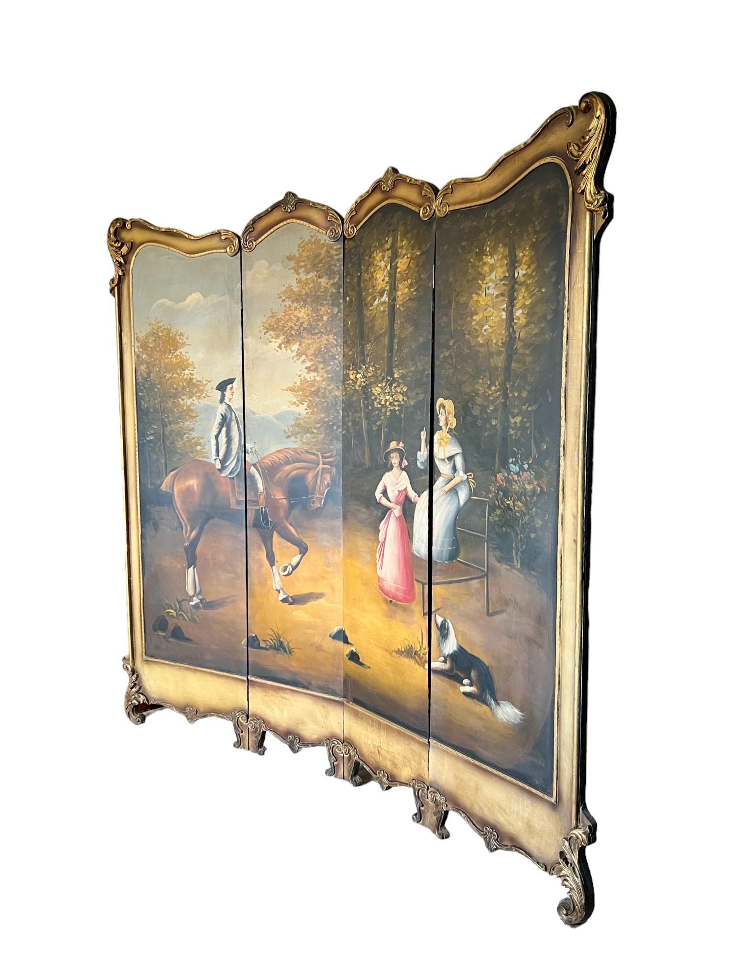 Vintage French Rococo Hand Painted Four-Panel Dressing Screen In Good Condition For Sale In Harlingen, TX