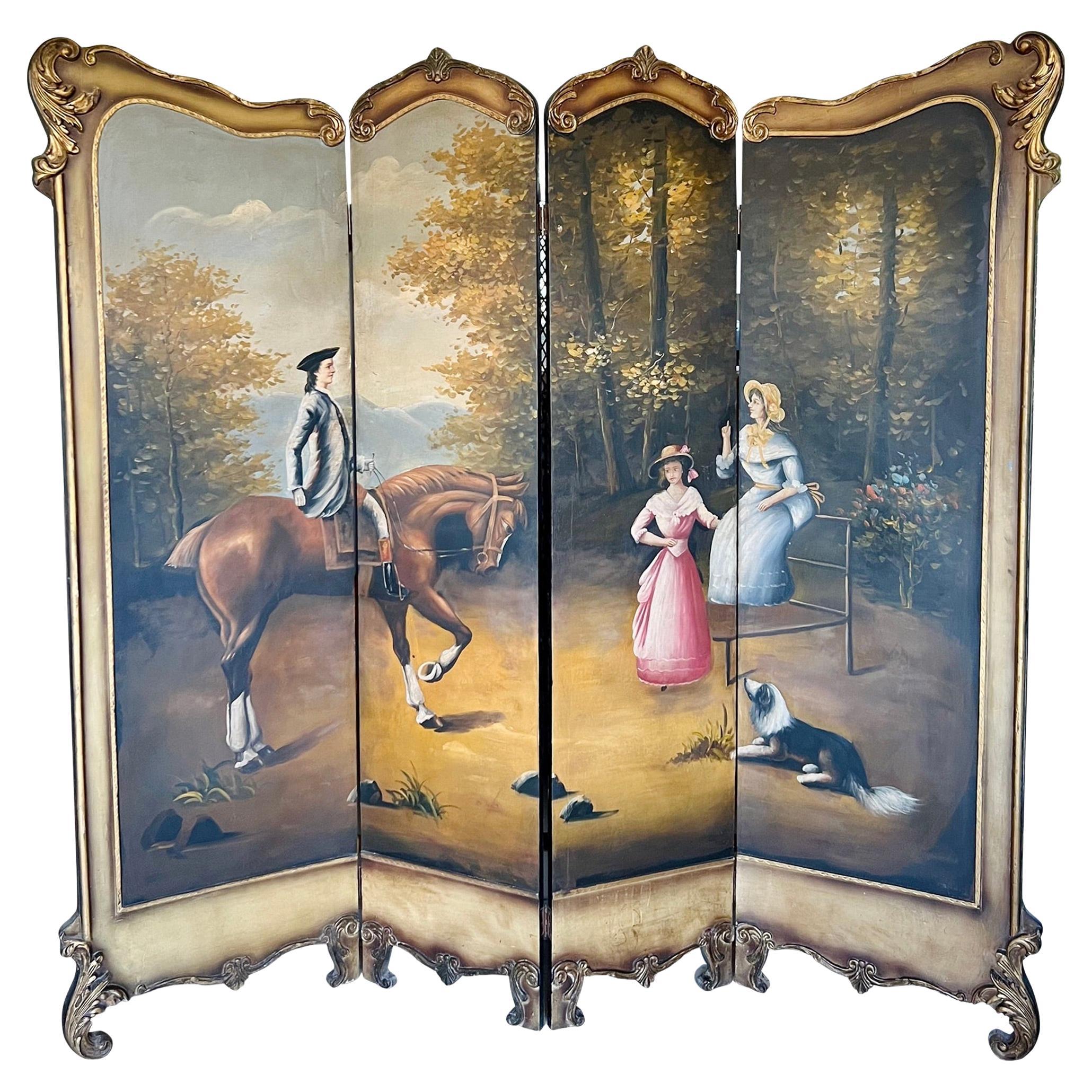 Vintage French Rococo Hand Painted Four-Panel Dressing Screen