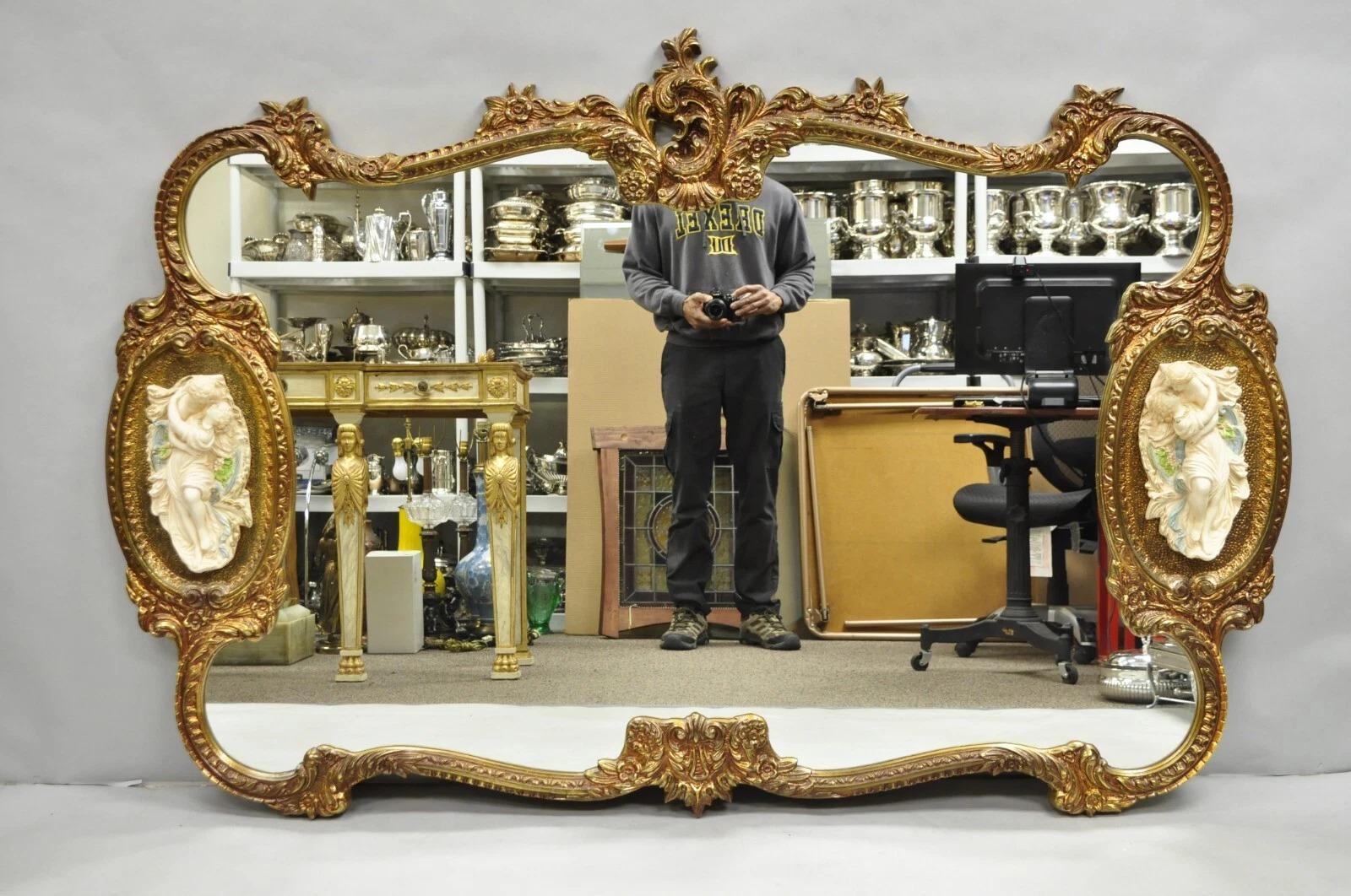 Vintage French Rococo Large Gold Wall Mirror with Bisque Figural 
